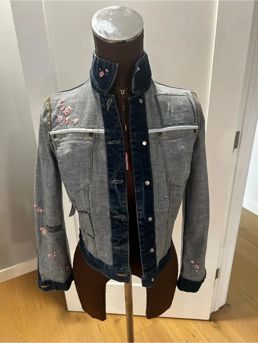 DSQUARED2 Dark Indigo Jean Jacket with Pink Embroidered  Details